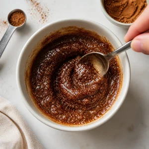Cinnamon swirl mixture of melted butter keto sweetener and ground cinnamon in a small bowl