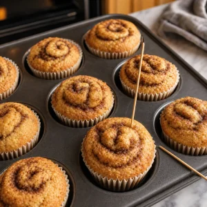 Freshly baked keto cinnamon roll muffins with golden tops and clean toothpick test