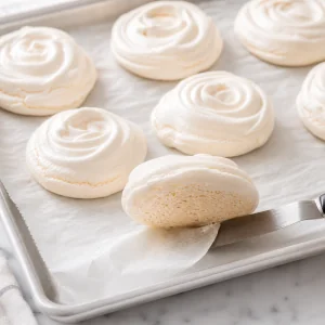 Cooled meringues carefully lifted from parchment paper