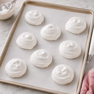 Eight meringue mounds piped on parchment into bun shapes