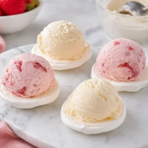 Ice cream scoops placed on the flat side of meringue halves