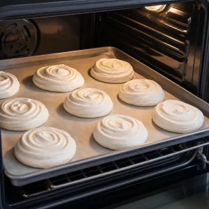 Pale baked meringues cooling in the oven with the door ajar