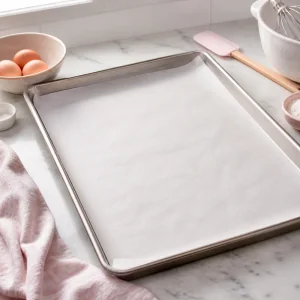 Parchment-lined baking sheet ready for meringue cookies