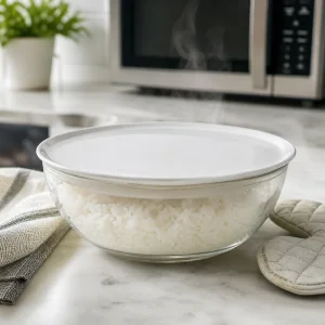 Abgedeckte Schussel mit gedampftem Reis ruht auf der Arbeitsflache