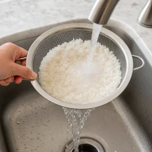 Weisser Reis wird in einem feinen Sieb unter Wasser gespult
