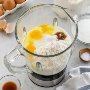 Eggs milk flour sugar vanilla and salt combined in a blender jar.