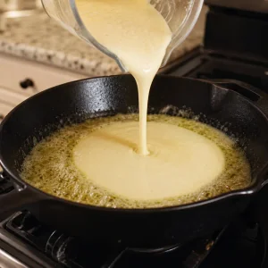 Smooth batter poured into the center of melted butter in a cast-iron skillet.