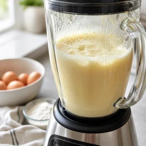 Smooth slightly frothy German pancake batter blended in a blender.