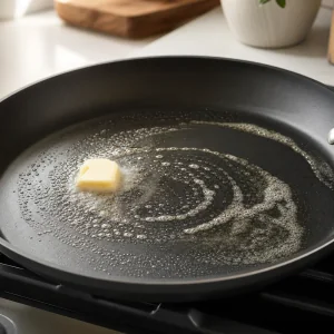 Butter melting across a nonstick skillet before cooking pancakes