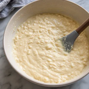 Wet and dry ingredients gently stirred into lumpy pancake batter