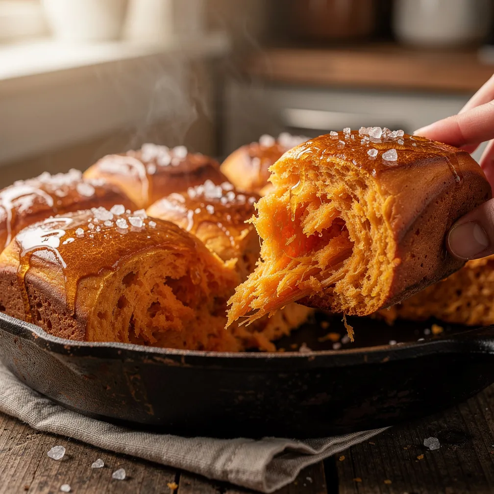 Una porzione di panini dolci di patate dolci in una padella, glassati con burro al miele