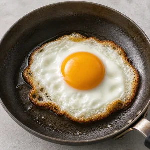 Crisp-edged fried egg with a glossy runny yolk in a skillet