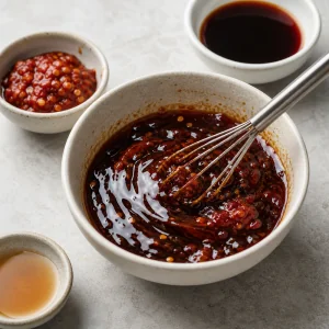 Dark kecap manis sauce whisked with chili paste in a small bowl