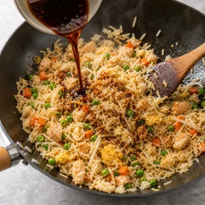 Fried rice in a wok coated with dark sweet soy sauce