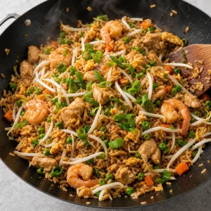 Nasi goreng tossed with chicken, shrimp, bean sprouts, and scallions