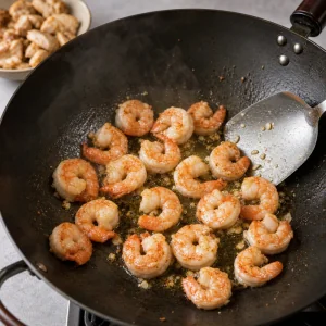 Pink shrimp searing in a hot wok with a metal spatula