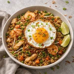 Plated nasi goreng topped with a fried egg, scallions, shallots, and lime