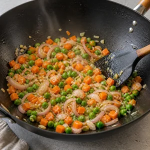 Shallots, garlic, carrot, and peas sauteing in a wok