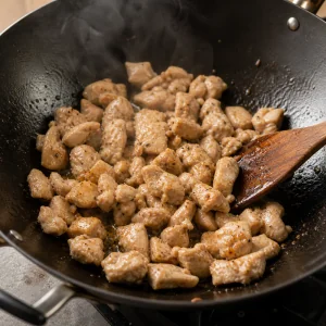 Small chicken pieces stir-frying in a hot wok