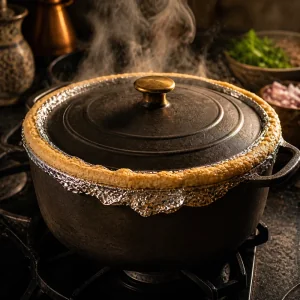 Przykryty garnek biryani uszczelniony do gotowania dum