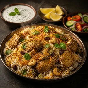 Gotowe biryani z kurczakiem podane z raita, cytryna i salatka