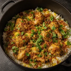 Pierwsza warstwa biryani z ryzem, kurczakiem, ziolami i mlekiem szafranowym