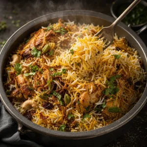 Puszyste biryani z kurczakiem unoszone lyzka