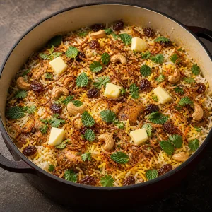 Warstwowe biryani z maslem, cebula, ziolami, nerkowcami i rodzynkami