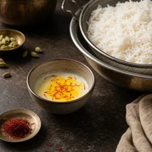 Mleko z szafranem obok odsaczonego ryzu basmati