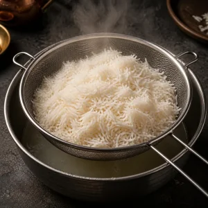 Parujacy podgotowany ryz basmati na sitku