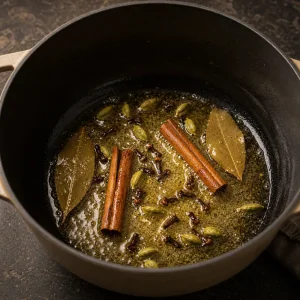 Cale przyprawy skwiercza w ghee w ciezkim garnku