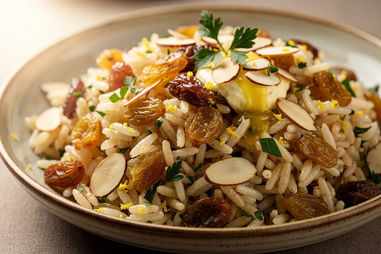 Pilaf aromático de arroz con pasas, almendras y hierbas