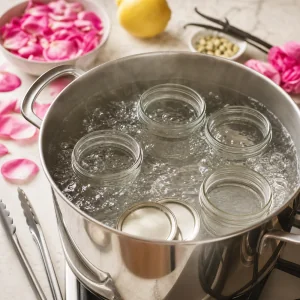 Tarros de vidrio esterilizándose en agua hirviendo