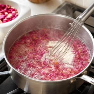 Mermelada de pétalos de rosa hirviendo suavemente al batirla