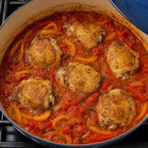 Browned chicken thighs simmering in tomato pepper sauce