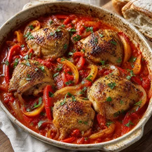 Finished chicken Basquaise with peppers in tomato sauce