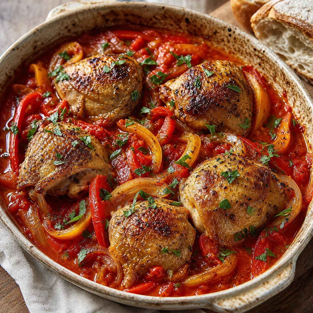 Finished chicken Basquaise with peppers in tomato sauce