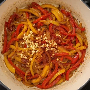 Garlic and smoked paprika added to peppers and onions