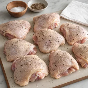 Raw chicken thighs seasoned with salt and pepper