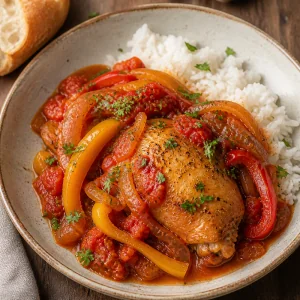 Served chicken Basquaise with tomato pepper sauce and parsley