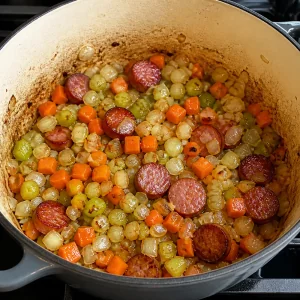Лук, морковь и сельдерей кубиками размягчаются с колбасой