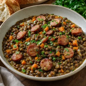 Finished French lentils with browned sausage and parsley