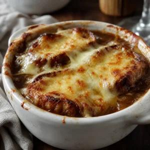 Finished French onion soup with browned cheese and croutons