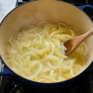 Pokrojona cebula mięknąca w maśle i oliwie