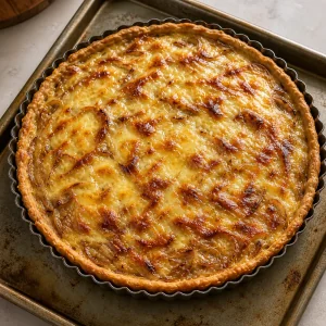 Baked French onion tart with browned Gruyere in a fluted pan