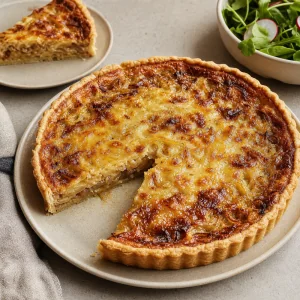 Finished French onion tart with a slice removed beside green salad