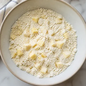 Flour and cold butter cubes mixed into coarse crumbs in a bowl