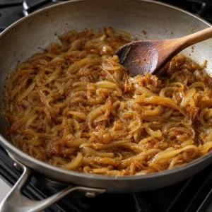Golden caramelized onions stirred with a wooden spoon