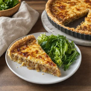 Slice of French onion tart served with green salad