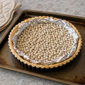 Tart shell lined with foil and filled with pie weights
